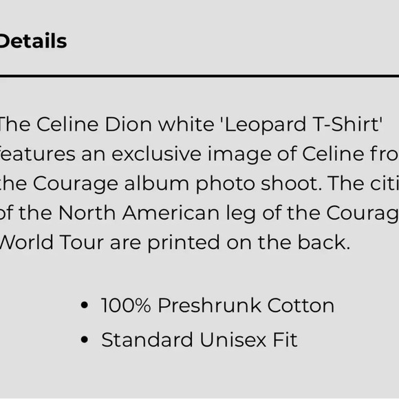 NWT Official Merch CELINE DION LEOPARD CONCERT/TOUR SHORT SLEEVE T-SHIRT Courage - Picture 3 of 3